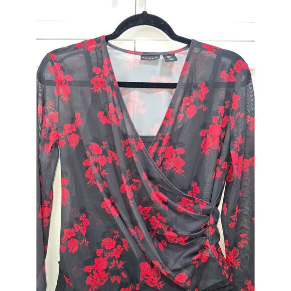 Tahari Floral Mesh Bodysuit With Built-In Tank Black/Red Size L - Picture 9 of 16